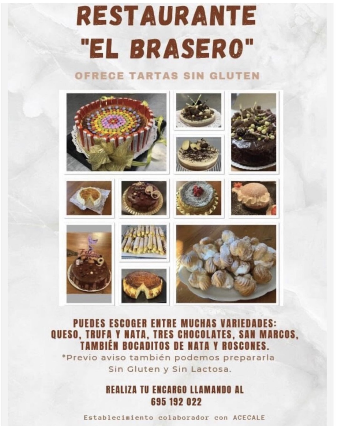 Restaurante El Brasero Zamora. Tartas sin gluten y sin lactosa